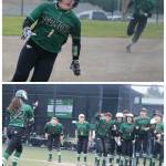 Top, Haley Hanson (front) and Kiki Milloy run the bases at districts. Bottom, Jennifer Cummings, left, heads toward her cheering teammates at home after knocking a dinger. Andy Nystrom / staff photos