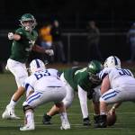 Braydon Bruener, linebacker and running back, makes defensive adjustments in a 24-17 loss to Seattle Prep on Friday, Sept. 13. Photo courtesy of Matt Campbell Photography