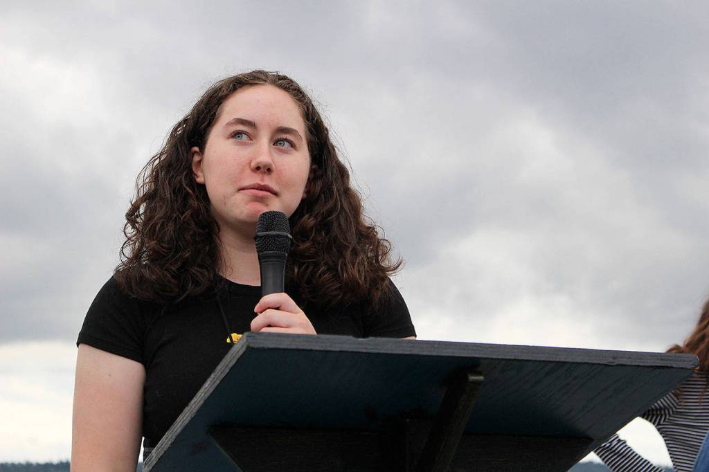 Jolie Simone Barga, a freshman at Lake Washington High School, addresses the crowd at Fridays climate strike. Madison Miller/staff photo