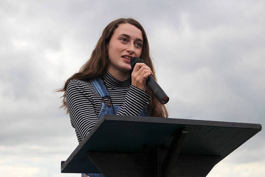 Amelia Hawkins, a junior at Eastside Preparatory School, addresses the he crowd at Fridays climate strike. Madison Miller/staff photo