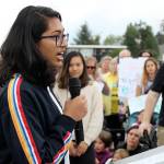 Eastlake High School junior, Layasri Ranjith, addresses the crowd at Fridays climate strike. Madison Miller/staff photo