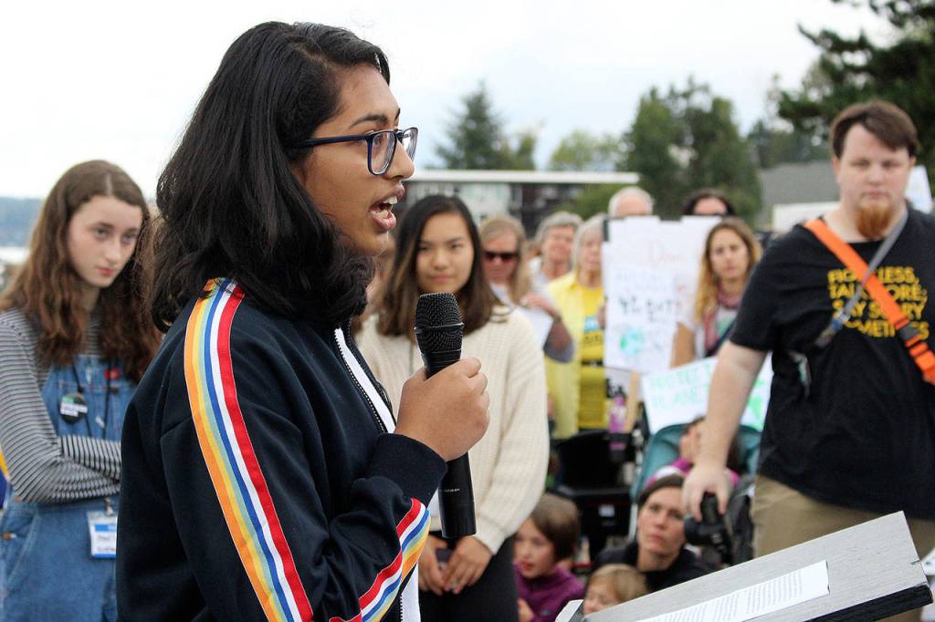Eastlake High School junior, Layasri Ranjith, addresses the crowd at Fridays climate strike. Madison Miller/staff photo