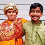 From left, Reva Galande, Mihir Limaye, Amol Rane, and Ahana Ranade prepare for the fancy dress competition part of Deepmala. Photo courtesy of Yash Limaye