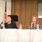 Steve Fields and Angela Birney answer questions at the candidate forum hosted by Education Hill Neighborhood Association (EdHNA) at First Baptist Church on Oct. 3. Stephanie Quiroz/staff photo