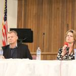 Steve Fields and Angela Birney answer questions at the candidate forum hosted by Education Hill Neighborhood Association (EdHNA) at First Baptist Church on Oct. 3. Stephanie Quiroz/staff photo