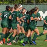 Bear Creek players celebrate a goal during a match this season. Courtesy of The Bear Creek School