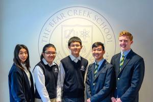 From left: National Merit Scholarship semifinalists Rita Luk, Lauren Shen, Nelson Sun and commended students Andrew Hom and Matthew Jensen. Courtesy photo of Bear Creek School