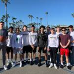 Redmond Highs boys basketball team on the courts at Venice Beach in southern California. From left, Aidan Rolfs, Josh Morris, Jacob Miller, Seth Kreysar, Arjan Singh, Jahi Coleman, Alec Bovee, Nathan Miller, Luke White, Nico Moore and Cameron Clum. Courtesy photo