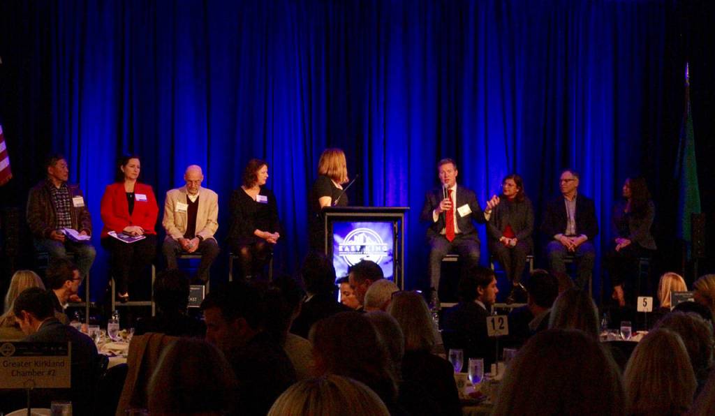From left to right: Bob Hasegawa, Shelley Kloba, Larry Springer, Amy Walen, Mark Mullet, Vandana Slatter, Bill Ramos and Davina Duerr at the event. Blake Peterson/staff photo