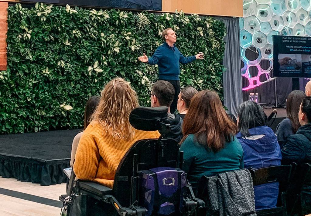 Photo courtesy of Trisha Hoy                                Microsoft president and chief legal officer, Brad Smith presents the tech companys immediate plan to enact climate change initiatives by 2020 and 2021 on Jan. 16 for the climate change announcement on the companys Redmond campus.