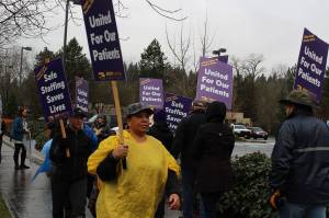 In addition to nurses, nursing assistants, techs, lab workers, dietary workers, environmental service technicians, clerks and social workers are among the strikers. Samantha Pak/staff photo