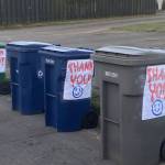 Waste Management customers posted thank you notes on their bins for workers to see on pick-up day. Photo courtesy of Waste Management