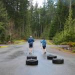 Marty and Chris Fagan training for their trek across Antarctica by pulling tires around North Bend. Contributed by Chris Fagan