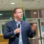 State Superintendent of Public Instruction Chris Reykdal told a crowd in Port Angeles he would like to see school districts have the ability to increase their local levies. (Jesse Major/Peninsula Daily News)