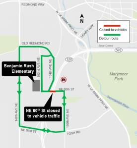 A map showing vehicle detour routes for NE 60th Street. Courtesy of Sound Transit.