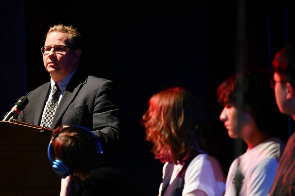 Washington State Office of Superintendent of Public Instruction (OSPI) Head Chris Reykdal speaks at the School Funding Crisis Eastside Town Hall. Andy Nystrom/ staff photo