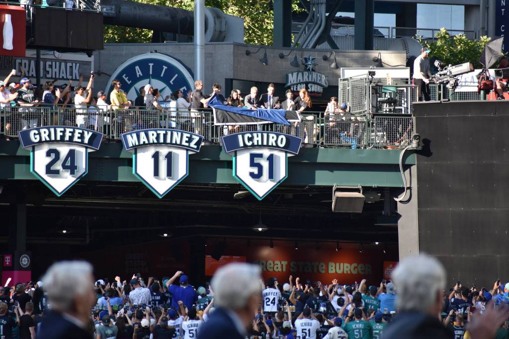 Ichiros 51 hangs next to Edgar Martinez and Ken Griffey Jr. Ben Ray / Sound Publishing