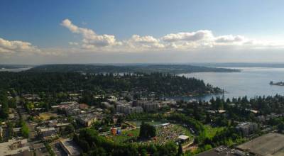 Aerial view of downtown Bellevue, highlighting the park and surrounding area at the heart of the city. Photo courtesy of Visit Bellevue WA/Bellevue Content Library/Downtown Bellevue Aerial View